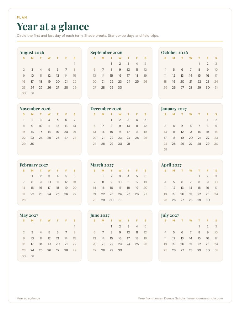 Year at a glance page, August 2026 to July 2027