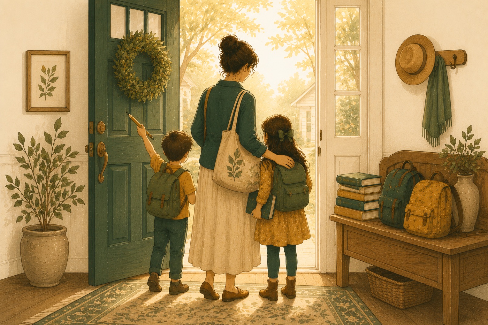 Illustration of a mother and two children at their front door on the first morning of homeschool, backpacks and new books on a bench