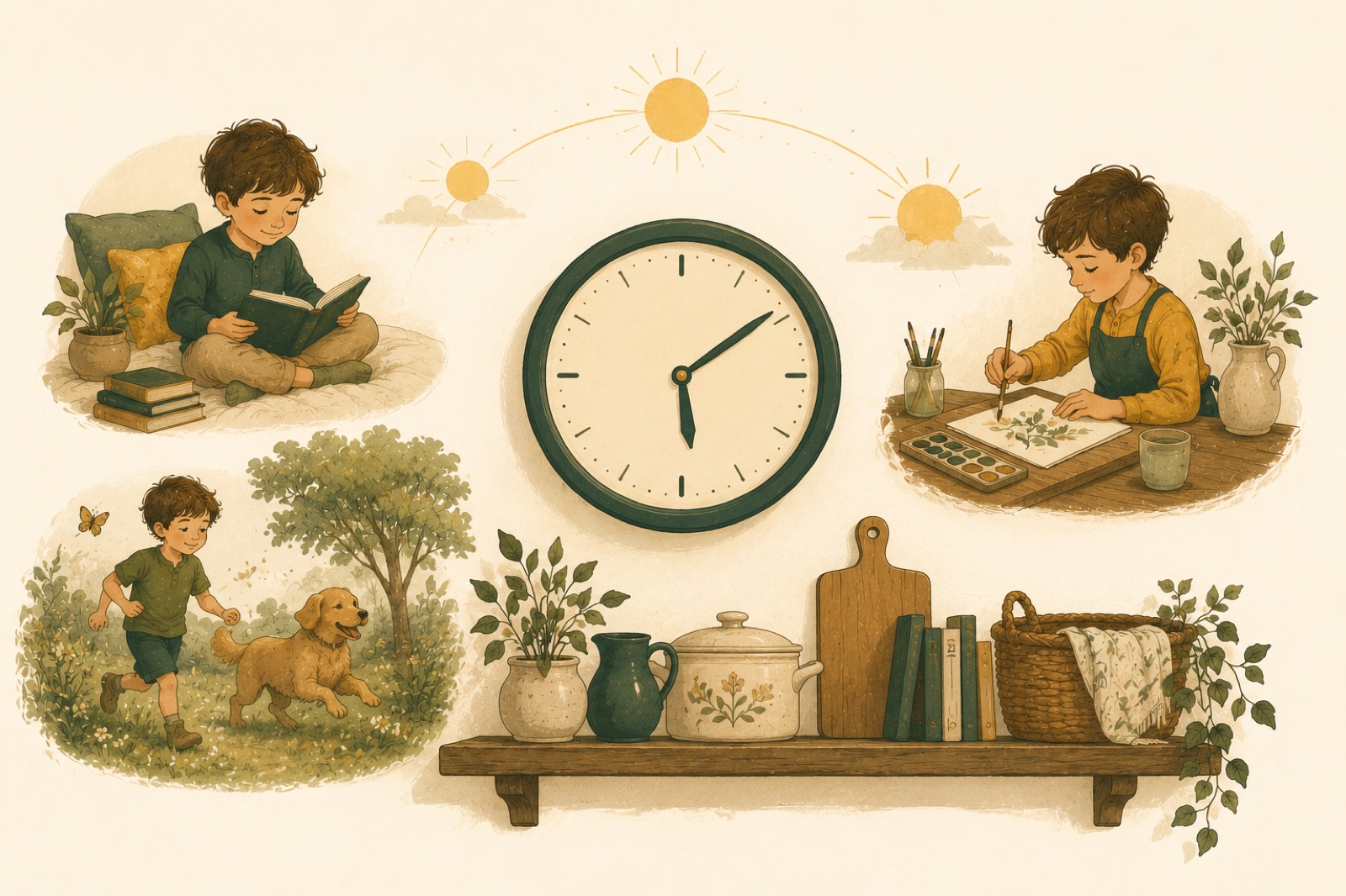 Illustration of a kitchen wall clock surrounded by small scenes of a child reading, painting, and playing outside beneath a golden sun arc