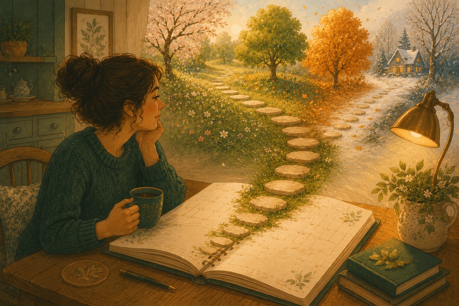Illustration of a mother at a table with a large open year planner, a path of stepping stones curving off the page through the seasons