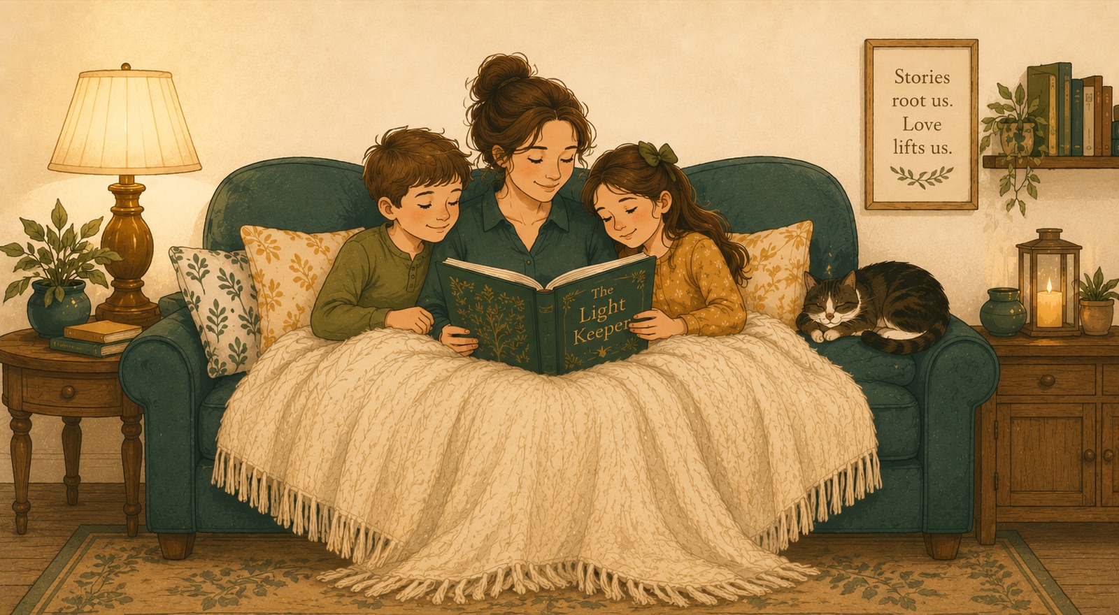 Cozy illustration of a mother reading a storybook on the couch with her son and daughter under a knit blanket, the family cat asleep beside them