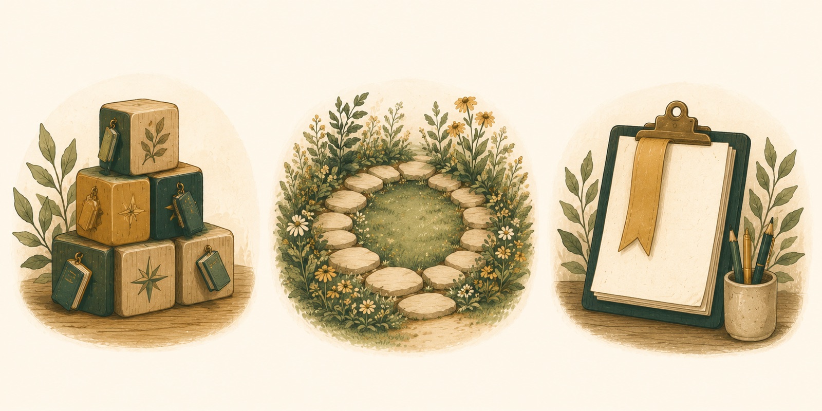 Illustration of three homeschool scheduling styles as vignettes: wooden blocks, a garden loop of stepping stones, and a clipboard checklist