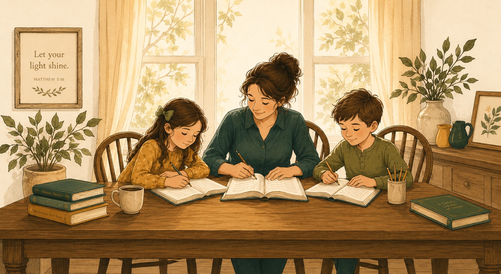 Warm illustration of a homeschooling mother and her two children writing together in open workbooks at a wooden dining table